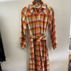 Anthropologie Du Paradis Flannel Orange plaid maxi dress cottagecore western M